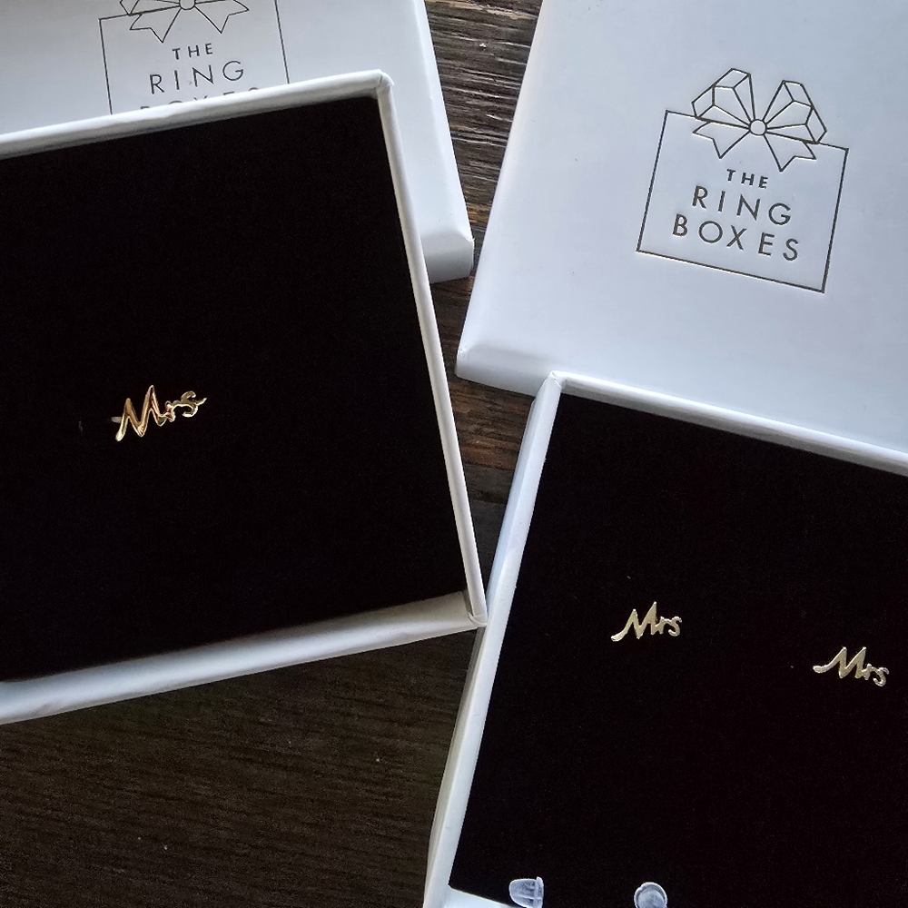 The Ring Box Gold Mrs Ring and Earrings